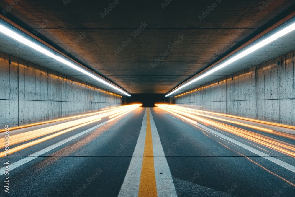 Dynamic light trails in urban tunnel at night. Neural network AI generated Dynamic light trails in urban tunnel at night. Neural network AI generated