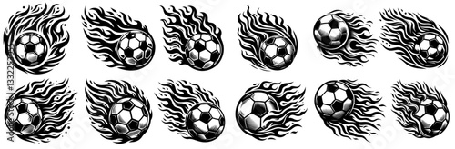 set of flaming soccer balls in dynamic black and white vector style