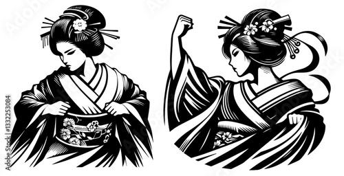 black and white geisha warrior illustrations in traditional japanese kimono vector style