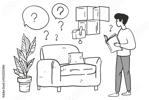 Conceptual Illustration of Man in a Room with a Question Mark - Black and White Sketch