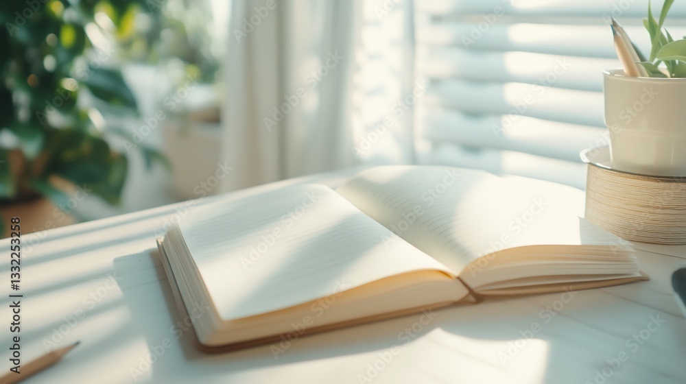 Open book on a table with plants and sunlight filtering through. Open book on a table with plants and sunlight filtering through.