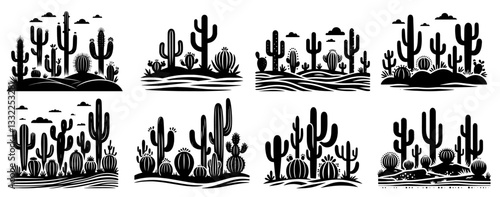 black and white desert landscape set with cactus and mountains in vector style