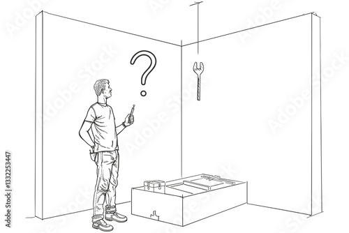 Conceptual Illustration of Man in a Room with a Question Mark - Black and White Sketch