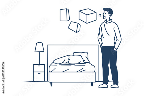 Conceptual Illustration of Man in a Room with a Question Mark - Black and White Sketch