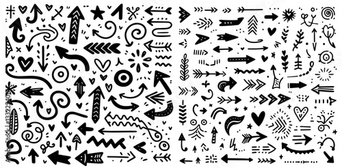 hand drawn black and white arrow doodle vector collection