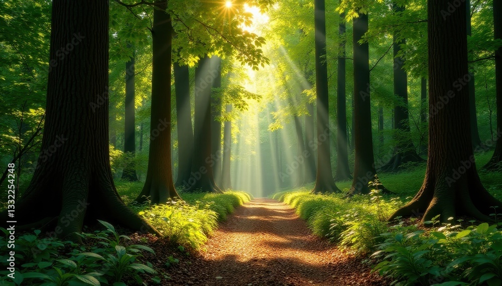 Fototapeta premium Sun-dappled redwood path, sunlight filtering through canopy, adventure, hiking