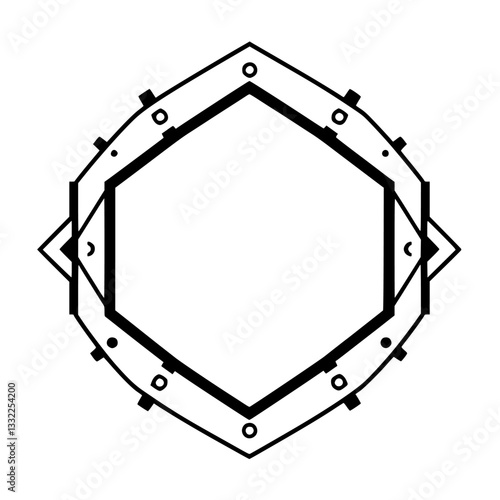 Intricate geometric design featuring a bold black hexagon within a complex, ornamented frame, set against a pristine white background.