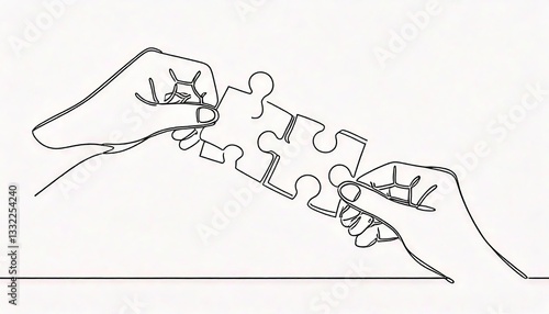 Hands connecting jigsaw puzzle pieces in a continuous line drawing.