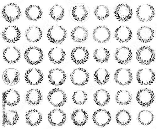 large collection of laurel wreaths and botanical circular frames in vintage sketch style