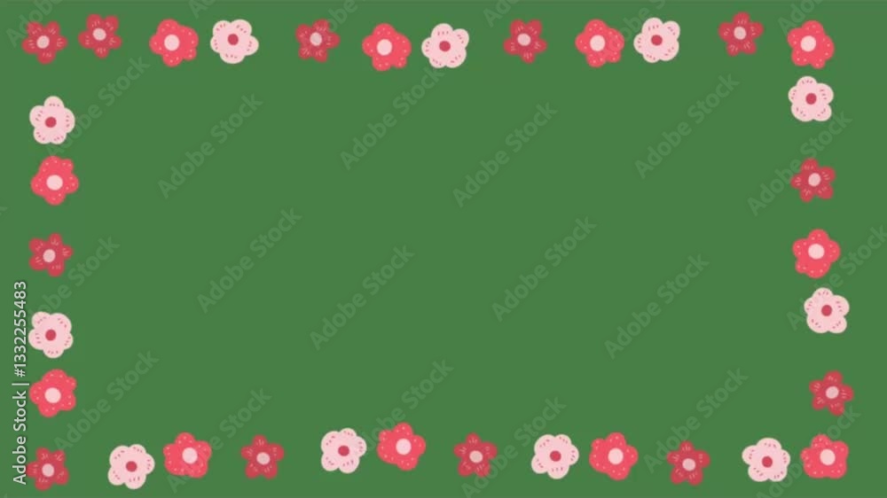 Animated cute floral frame with delicate flowers on a green background, creating a charming decorative design.
