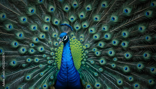 Majestic Peacock with Vibrant, Iridescent Feathers Fully Fanned Out in a Natural Setting, Displaying Its Stunning Plumage and Elegance