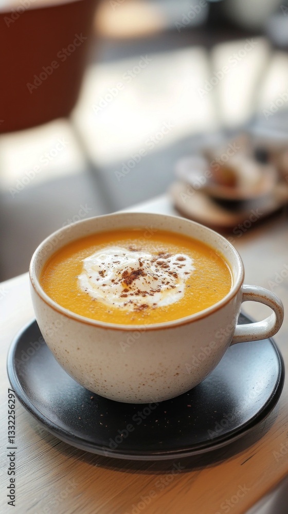 Savory pumpkin soup is artfully presented in a rustic cup, topped with a swirl of cream and a sprinkle of spices. This comforting dish celebrates the warmth of autumn Savory pumpkin soup is artfully presented in a rustic cup, topped with a swirl of cream and a sprinkle of spices. This comforting dish celebrates the warmth of autumn