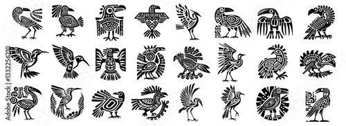 tribal bird totem vector illustration set in black and white