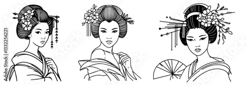 black and white vector portraits of traditional japanese geisha women