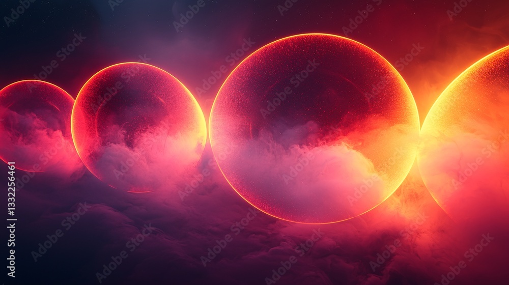 Abstract Cosmic Scene with Glowing Spheres Surrounded by Colorful Clouds and Vibrant Light Effects Abstract Cosmic Scene with Glowing Spheres Surrounded by Colorful Clouds and Vibrant Light Effects