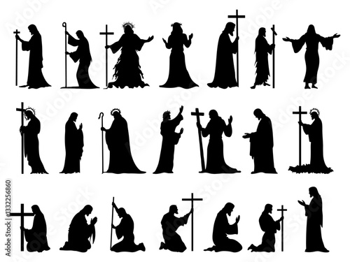 Diverse depictions of Jesus Christ in silhouette vector artwork for Christian themed projects