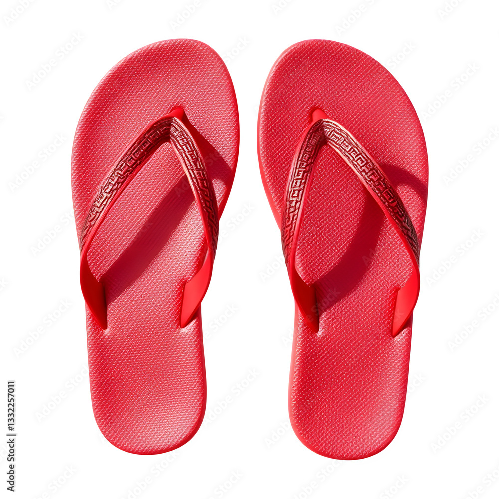 Bright red flip-flops with a textured strap, designed for casual wear and outdoor activities.