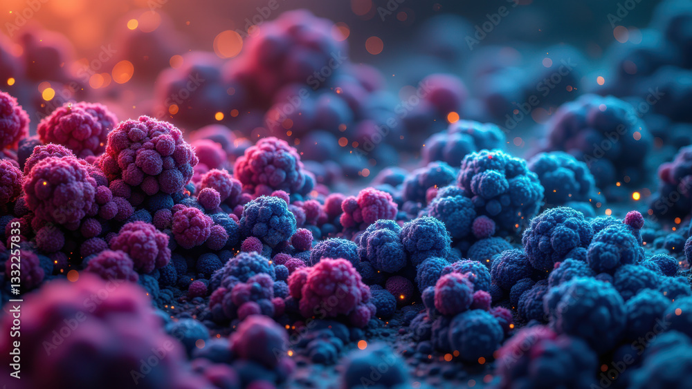 Fototapeta premium A colorful microscopic view of molecular structures with a blend of warm tones and cool hues.