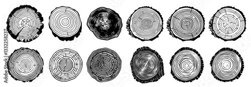 tree trunk cross section rings collection silhouette vector black shape