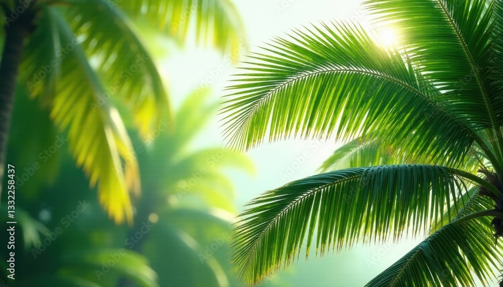 Vibrant green palms sway gently in a warm breeze , restful, leaves, beach Vibrant green palms sway gently in a warm breeze , restful, leaves, beach