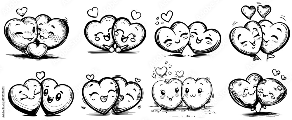 Fototapeta premium cute smiling hearts in love couple set silhouette vector black shape