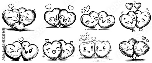 cute smiling hearts in love couple set silhouette vector black shape