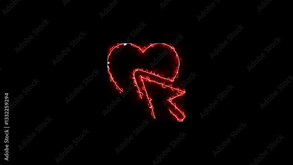 Neon red heart with arrow animation on black background, Chroma key glowing icon mouse arrow Neon red heart with arrow animation on black background, Chroma key glowing icon mouse arrow