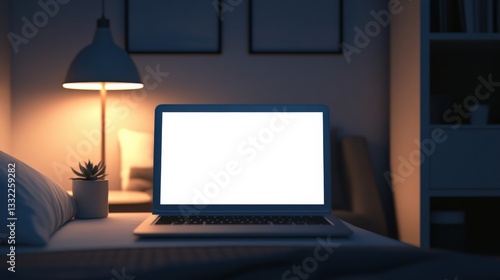 Wallpaper Mural Cozy Bedroom Setup with a Laptop on a Nightstand Illuminated by Soft Lamp Light, Creating a Relaxing Evening Atmosphere for Remote Work or Leisure Activities Torontodigital.ca
