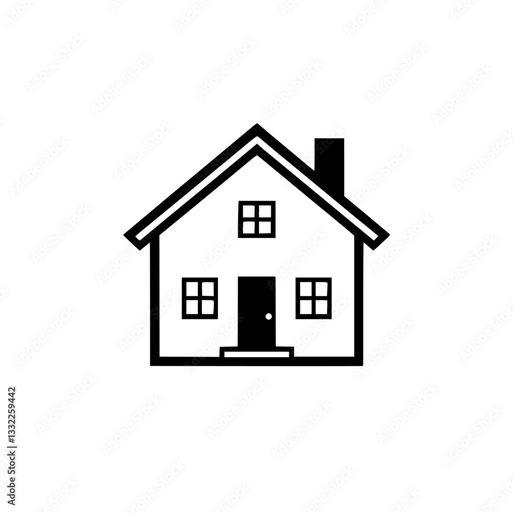 Simple, Clean House Icon with Chimney, Door, and Windows on White Background. Black outlines and filled features. Minimalist design. Simple, Clean House Icon with Chimney, Door, and Windows on White Background. Black outlines and filled features. Minimalist design.