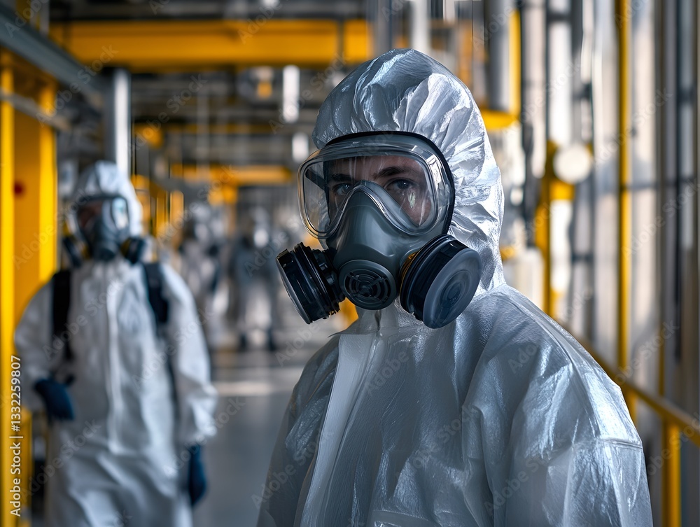 A professional wearing a protective suit and mask stands in a modern industrial facility A professional wearing a protective suit and mask stands in a modern industrial facility