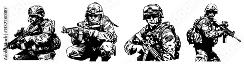 armed soldier illustration set in combat stance with rifles and tactical gear vector