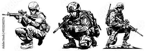 soldier illustration set in crouching tactical positions with rifles vector