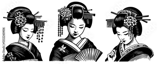 traditional geisha portrait set with kimono, floral hair ornaments, and fan vector