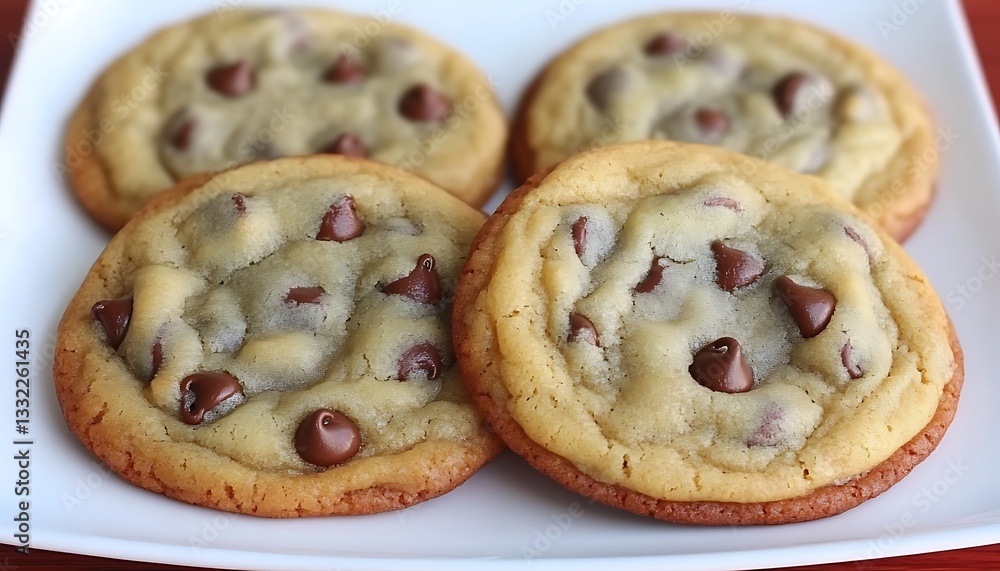 Four freshly baked chocolate chip cookies on a white plate Four freshly baked chocolate chip cookies on a white plate