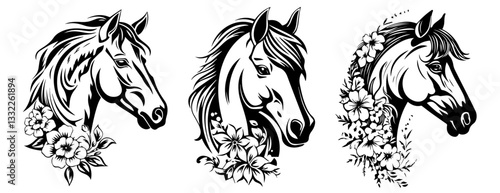 horse head floral illustrations vector black shape silhouette