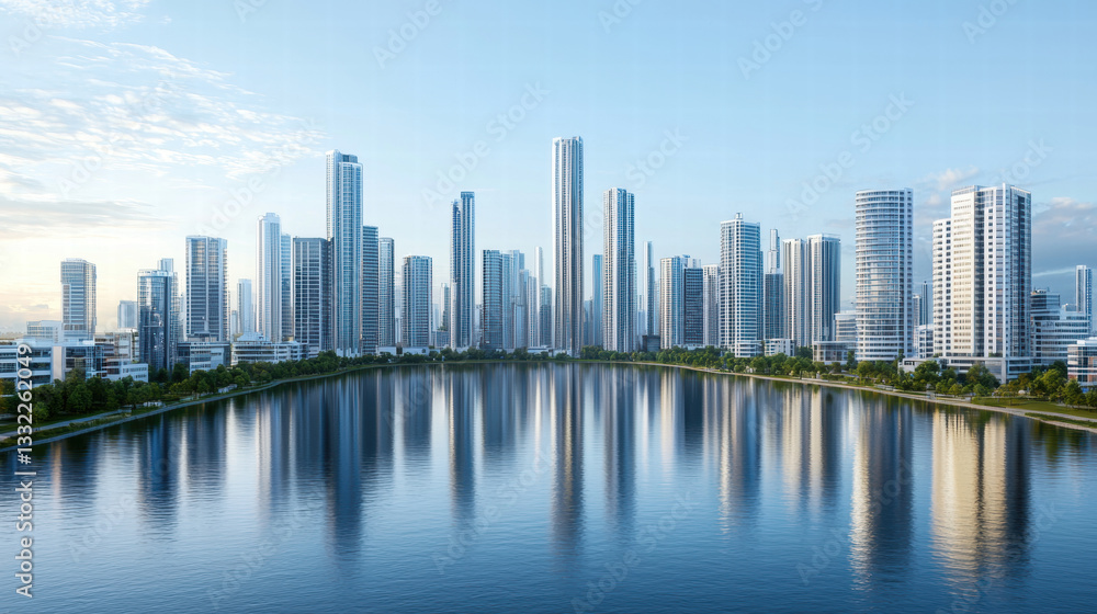 Modern city skyline reflecting on water with tall buildings and greenery Modern city skyline reflecting on water with tall buildings and greenery