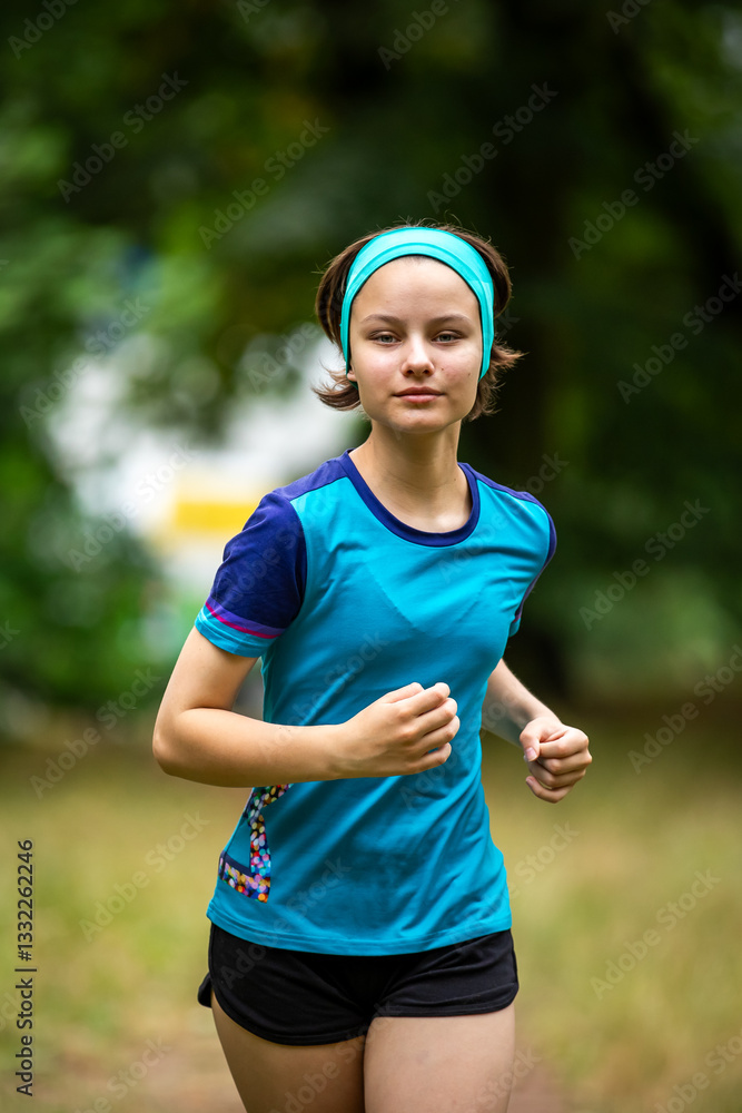 Beautiful teen girl in sports clothes doing sports outdoors in park in summer