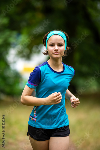 Obraz na płótnie Beautiful teen girl in sports clothes doing sports outdoors in park in summer w salonie