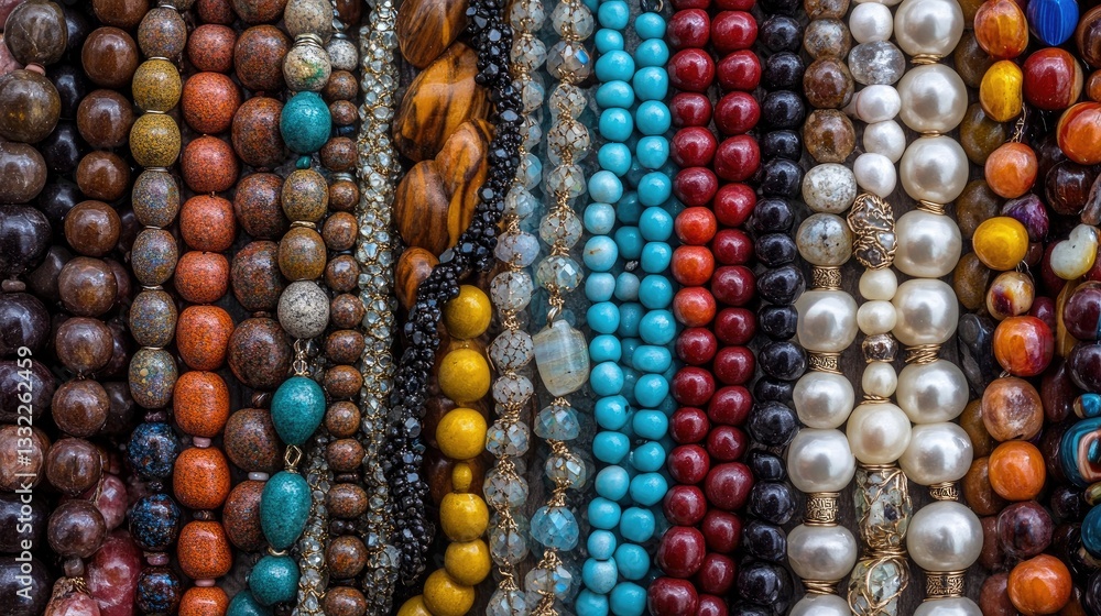 A high-quality photo of multicolored gemstone beads arranged for jewelry making. A high-quality photo of multicolored gemstone beads arranged for jewelry making.