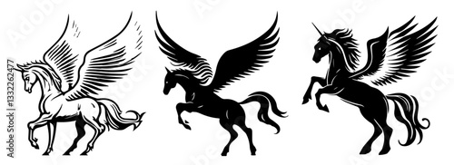 mythical pegasus and unicorn silhouettes vector black shape silhouette
