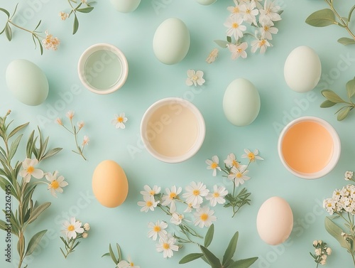 An overhead shot of an Easter egg decorating table, soft pastels, tiny floral details, artful arrangement, handmade feel, cozy springtime atmosphere
