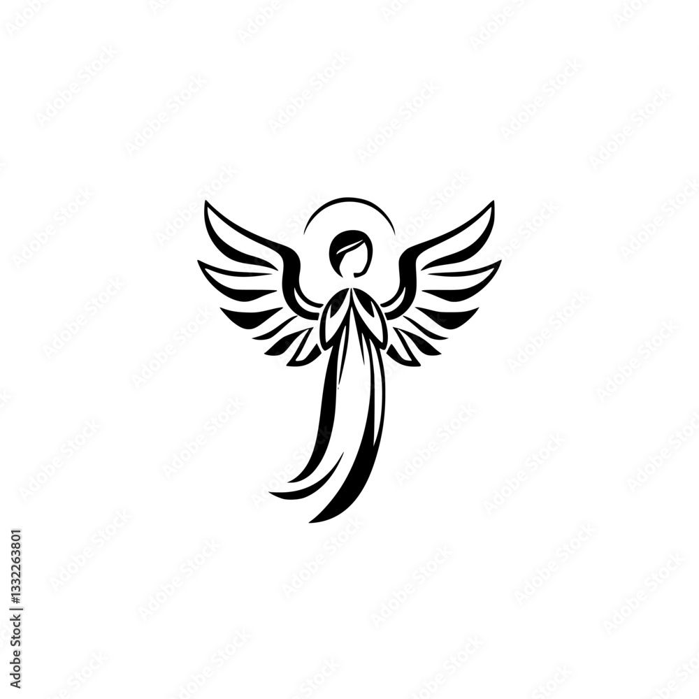 Fototapeta premium Elegant Minimalist Black and White Angel Icon with Wings, Halo, and Flowing Robe, Centered on White Background.