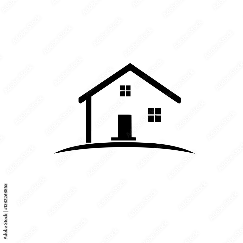 Minimalist Black & White Home Icon on a Subtle Curved Horizon, Representing Real Estate, Architecture, and Simplicity. Minimalist Black & White Home Icon on a Subtle Curved Horizon, Representing Real Estate, Architecture, and Simplicity.