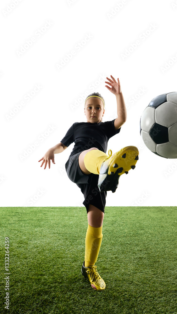 Front view of focused girl in black uniform and yellow socks in motion, kicking ball, training on grassy surface against white studio background. Concept of sport, childhood, competition, activity Front view of focused girl in black uniform and yellow socks in motion, kicking ball, training on grassy surface against white studio background. Concept of sport, childhood, competition, activity