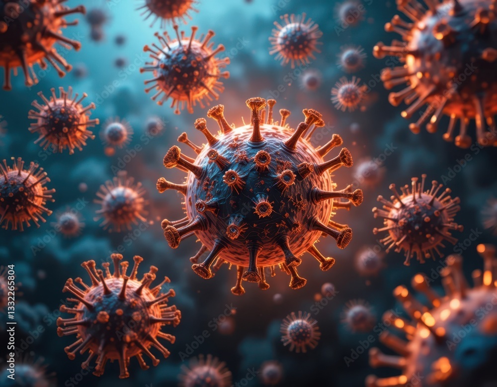 Covid-19 virus particles under microscope laboratory scientific visualization microbial environment close-up view health awareness Covid-19 virus particles under microscope laboratory scientific visualization microbial environment close-up view health awareness