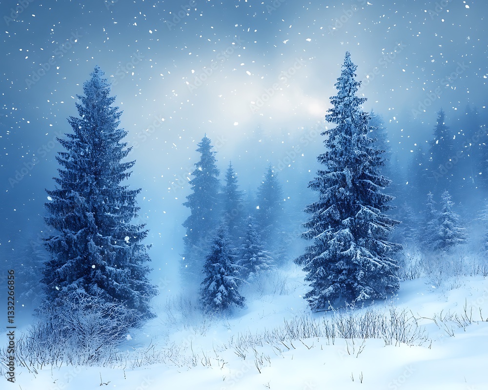 Obraz premium Snow covered evergreen trees on a snowy day during wintertime