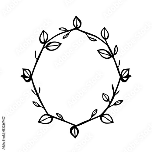 A hand-drawn, black and white oval wreath featuring stylized leaves and floral accents, perfectly framing a blank space for design or text.