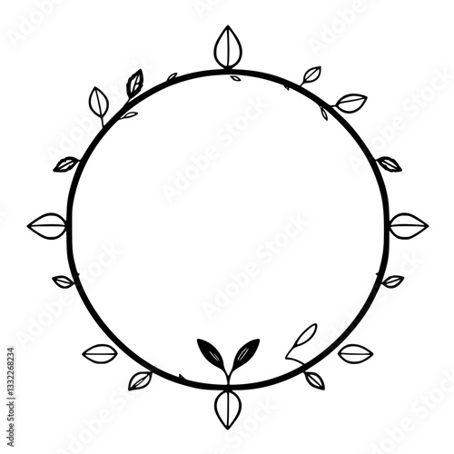 A stark black and white circular frame, adorned with delicate stylized leaves and tendrils, creating a minimalistic botanical border, perfect for design.