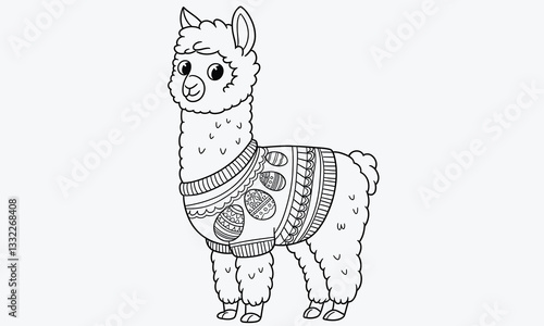The alpaca is wearing a rough-textured sweater with a pattern of simple decorated Easter eggs