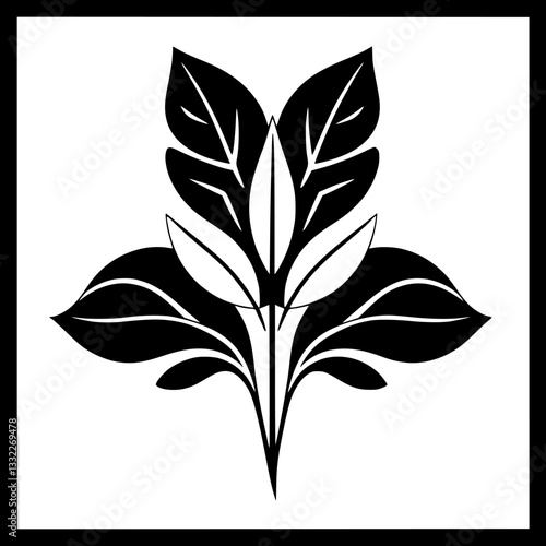 Bold Floral Arrangement: A symmetrical black and white illustration of stylized leaves, set against a stark white backdrop, enclosed in a black border.